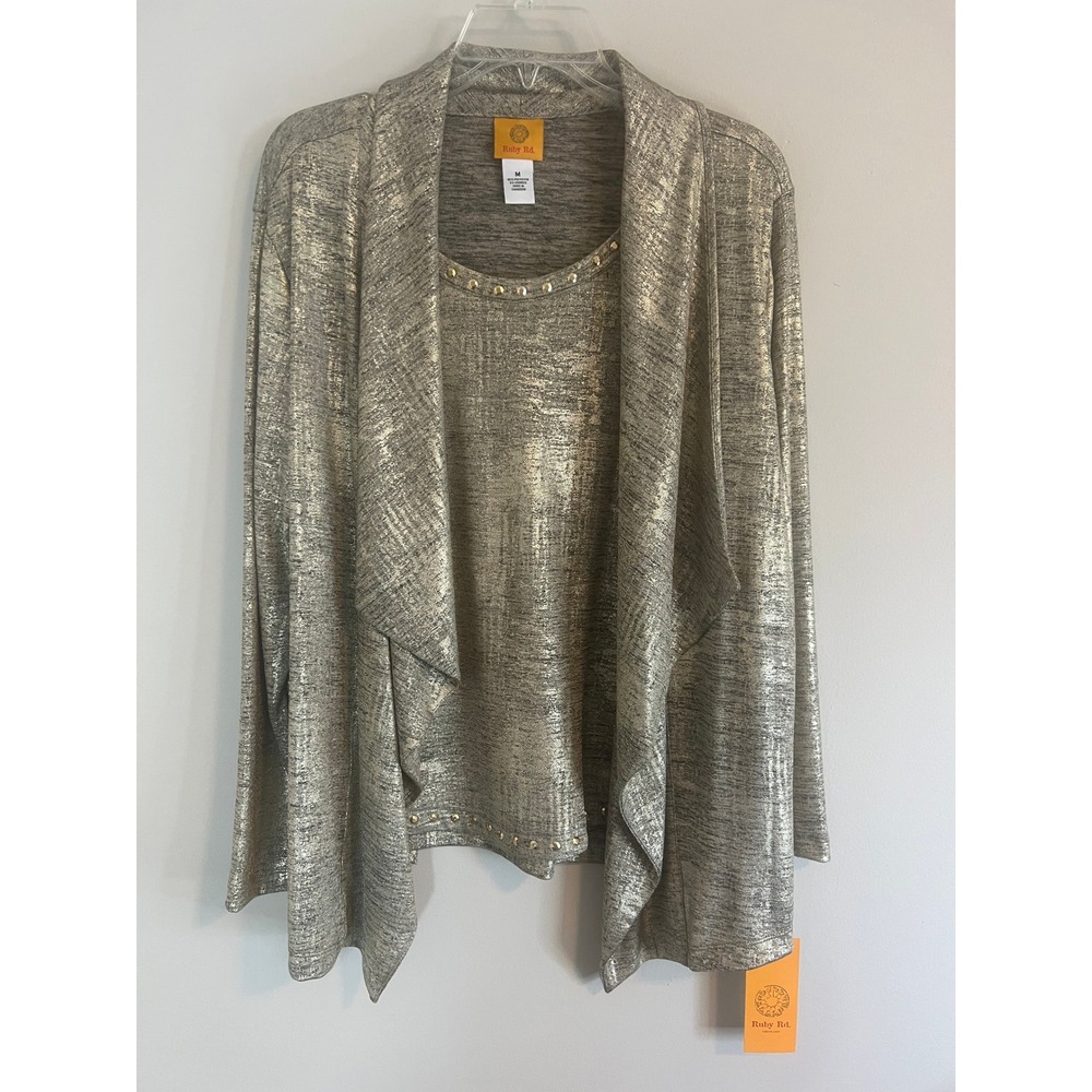 Ruby Rd Womens Gold Metallic Cardigan and Studded Tank Top Set 2PC 99152 Medium